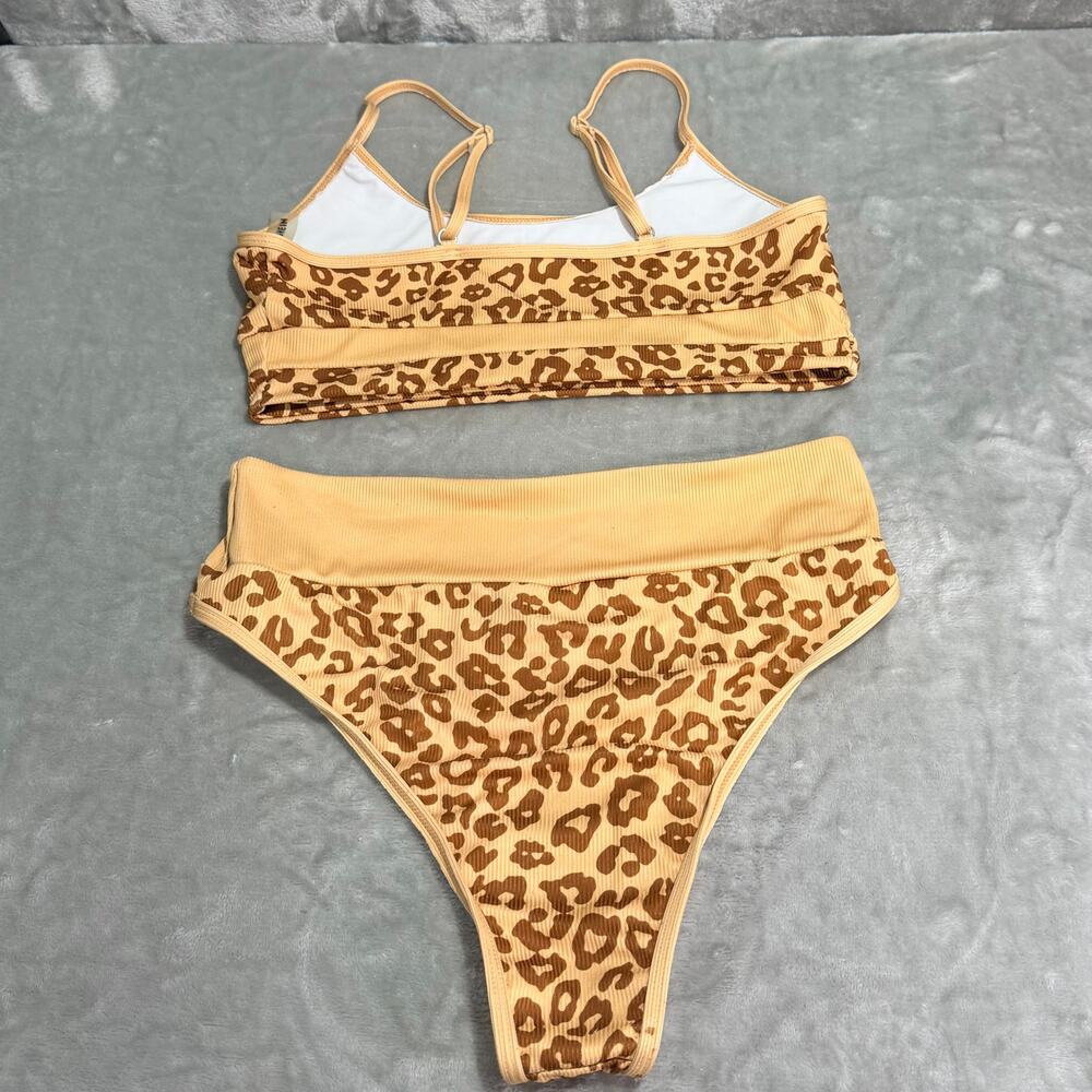 SHEIN Leopard Print Ribbed High Waisted Bikini Set Size Large - Picture 3 of 8